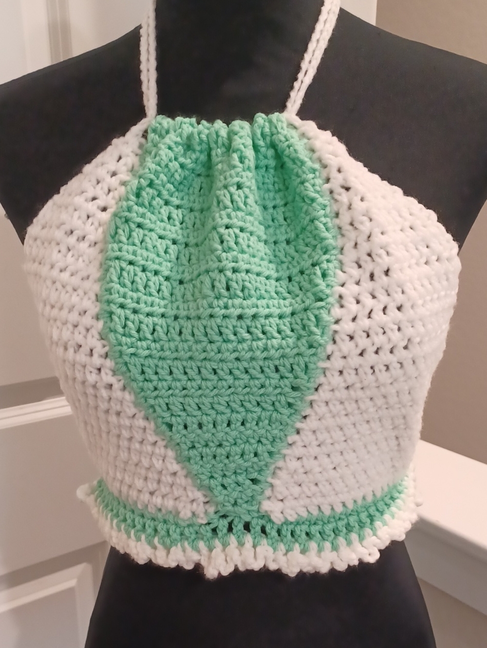 Handmade White and Mint Crochet Halter Crop Top